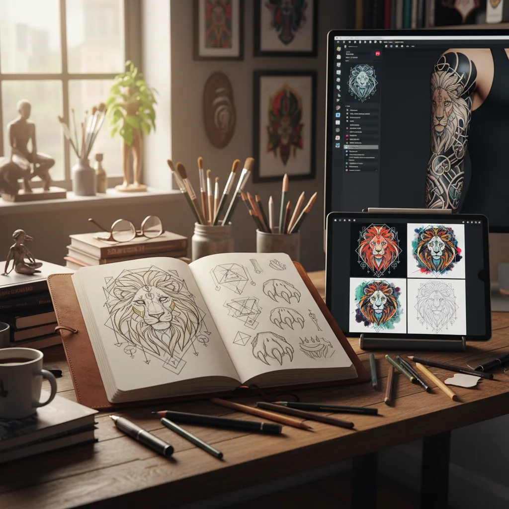 Custom AI tattoo design workspace showing a unique lion-geometric hybrid tattoo with style variations